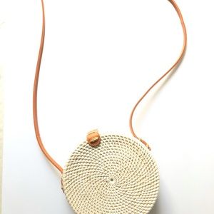 Round White & Tan  Rattan Bag